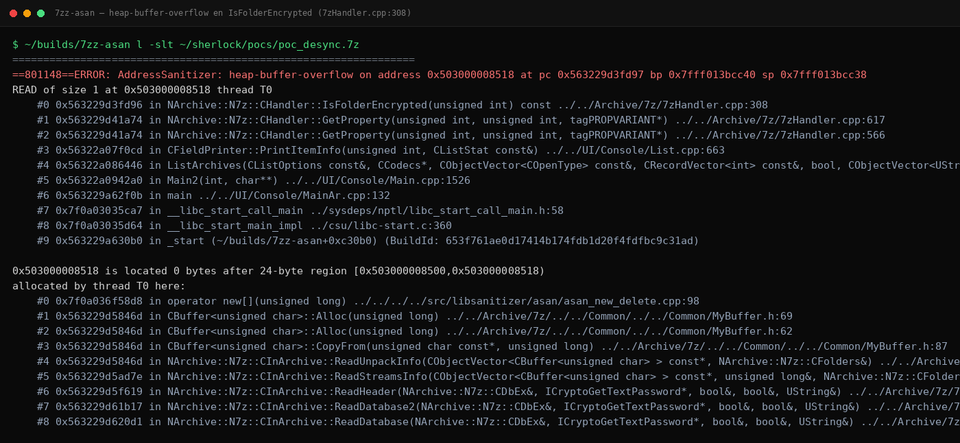Terminal mostrando el reporte de AddressSanitizer: heap-buffer-overflow READ of size 1 en NArchive::N7z::CHandler::IsFolderEncrypted 7zHandler.cpp:308, localizado justo después de una región de 24 bytes