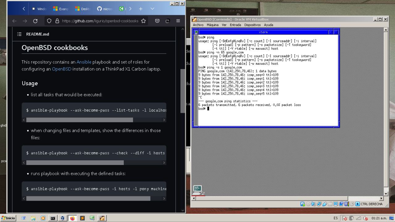 VirtualBox con OpenBSD, Ansible cookbooks en GitHub, ping exitoso