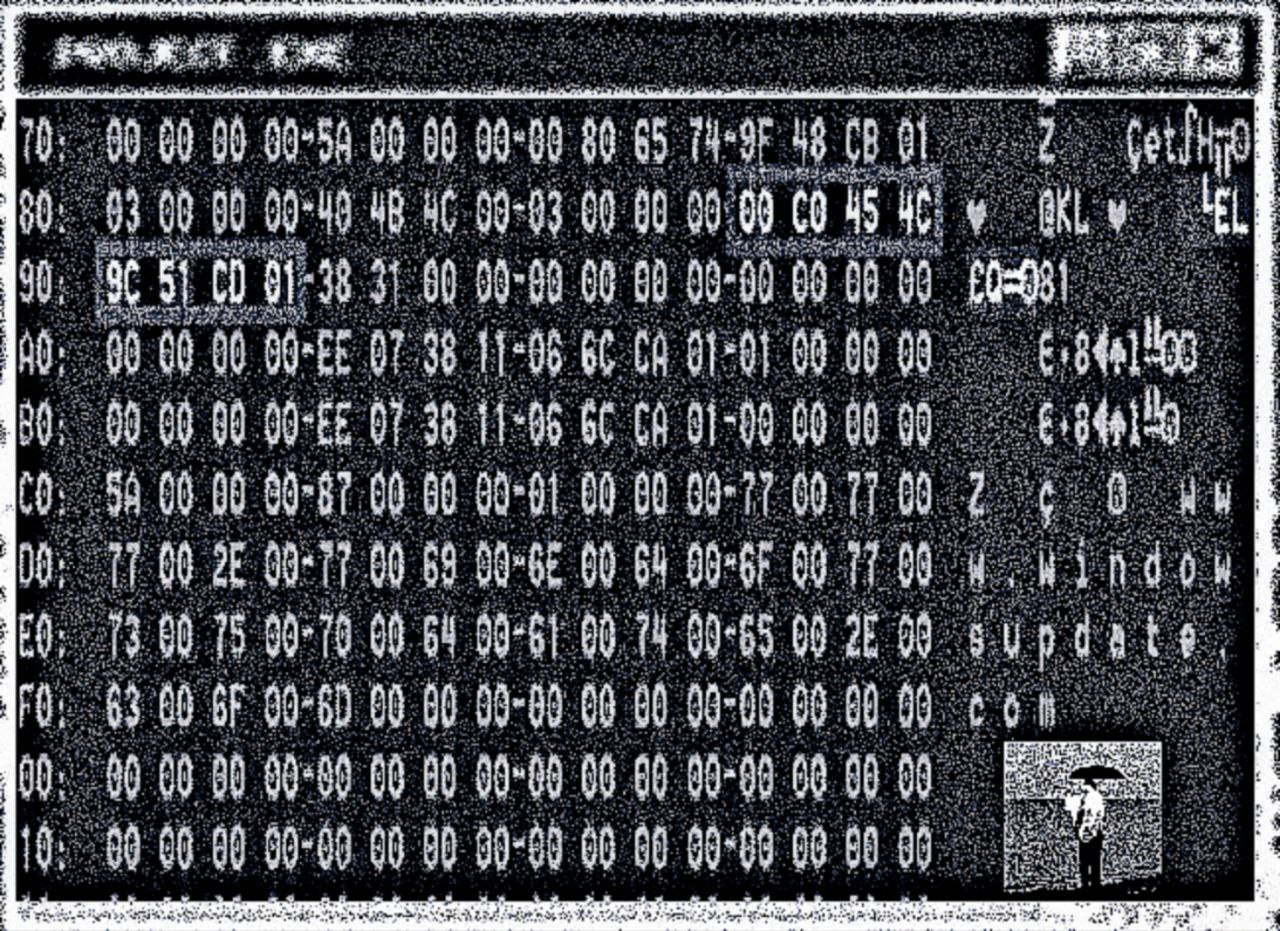 Editor hexadecimal distorsionado con fragmentos de código y figura con paraguas