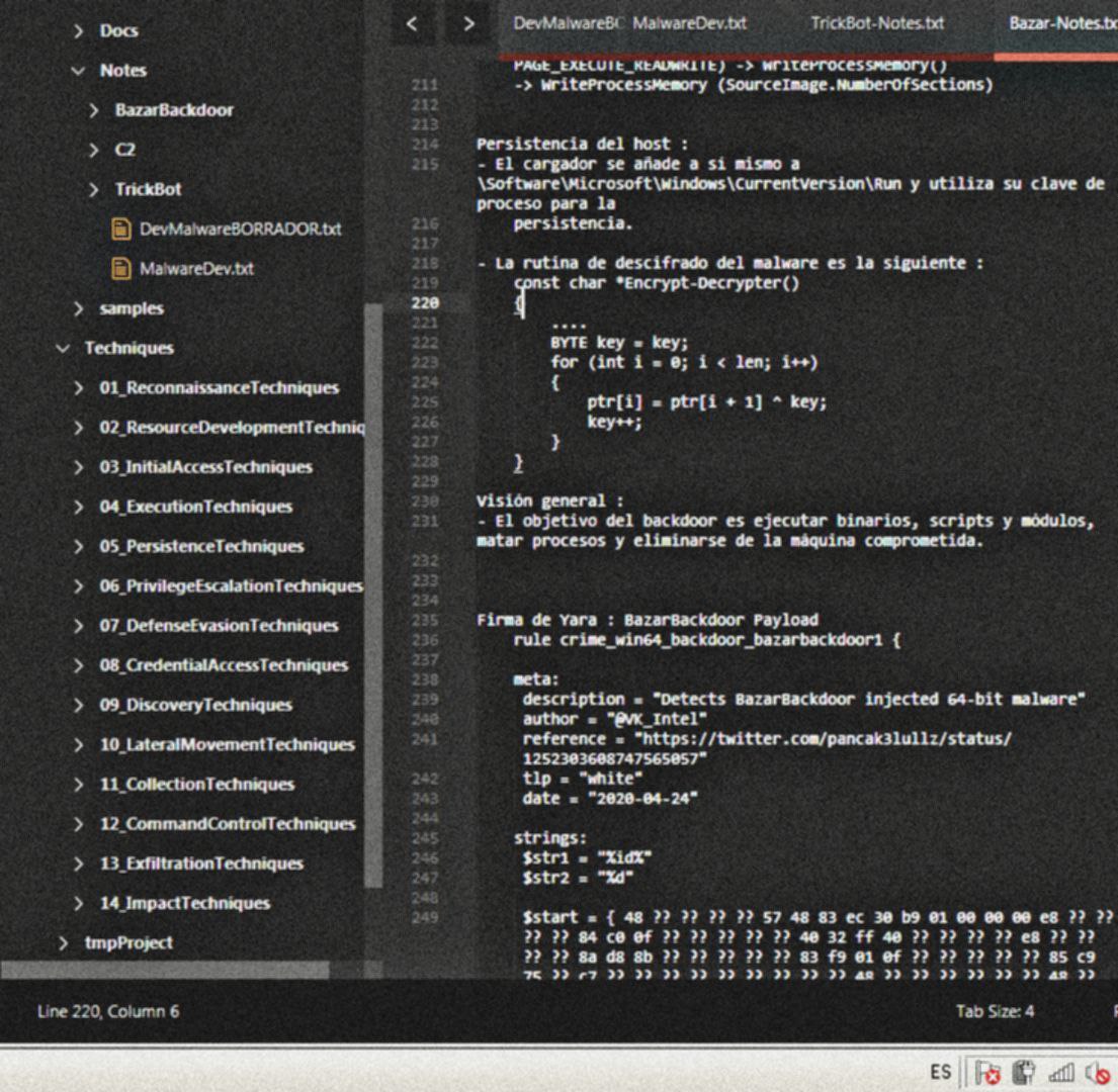 VS Code con estructura MITRE ATT&CK, reglas Yara y código de descifrado en C