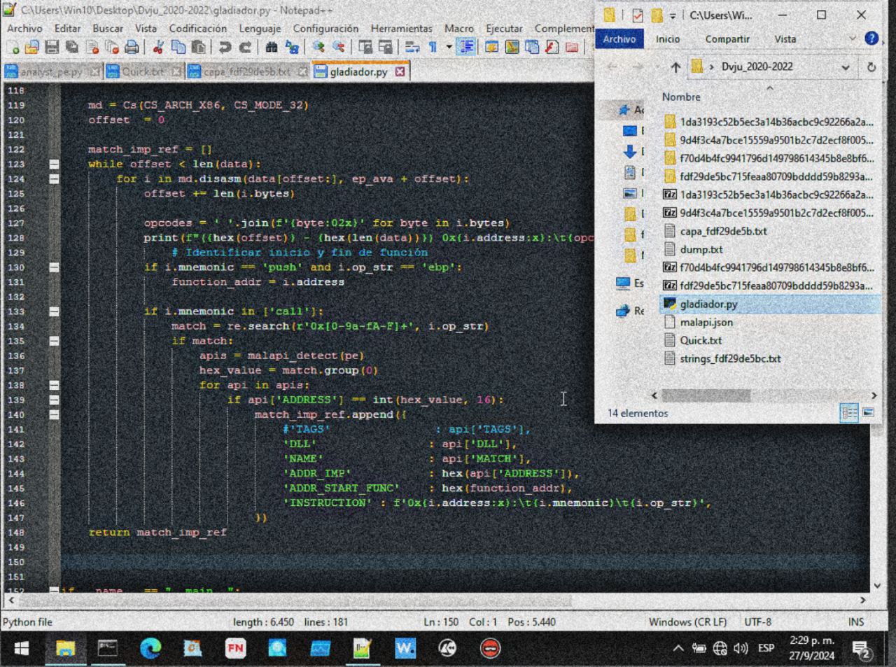 Script gladiador.py usando Capstone para desensamblar malware; carpeta Dvju_2020-2022