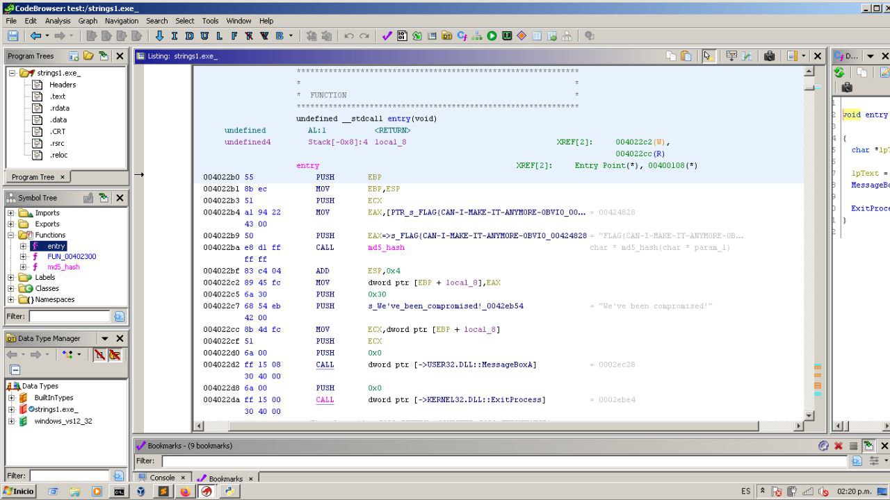 Ghidra CodeBrowser desensamblando strings1.exe con flags y MessageBox