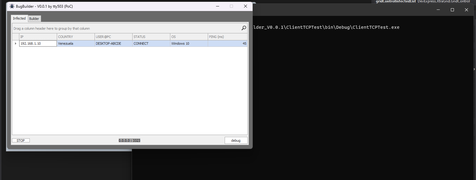 BugBuilder en funcionamiento con un cliente conectado desde Venezuela