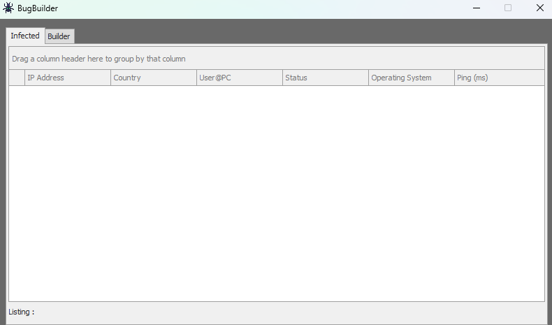 Pestaña Infected de BugBuilder sin conexiones, mostrando las columnas del grid