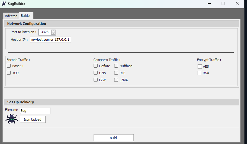 Pestaña Builder de BugBuilder mostrando configuración de red, ofuscación y entrega del payload