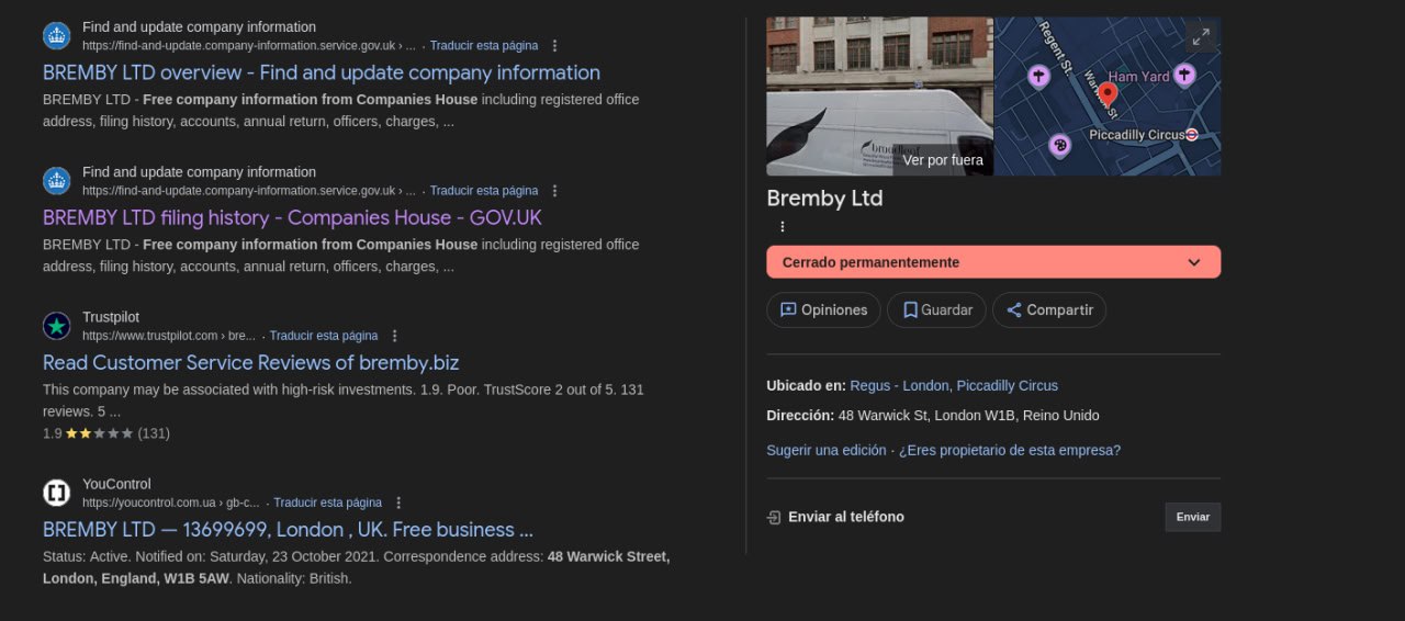 Registro de Companies House UK de la empresa disuelta