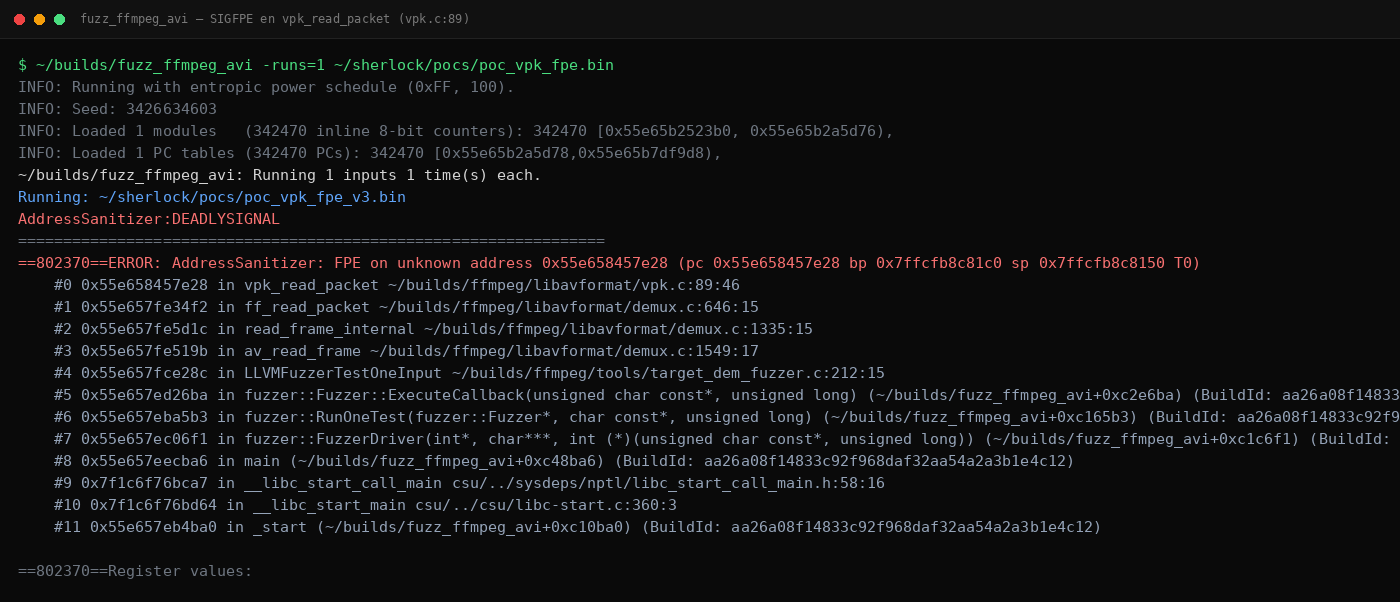 Terminal mostrando el reporte de AddressSanitizer: FPE on unknown address en vpk_read_packet, libavformat/vpk.c:89