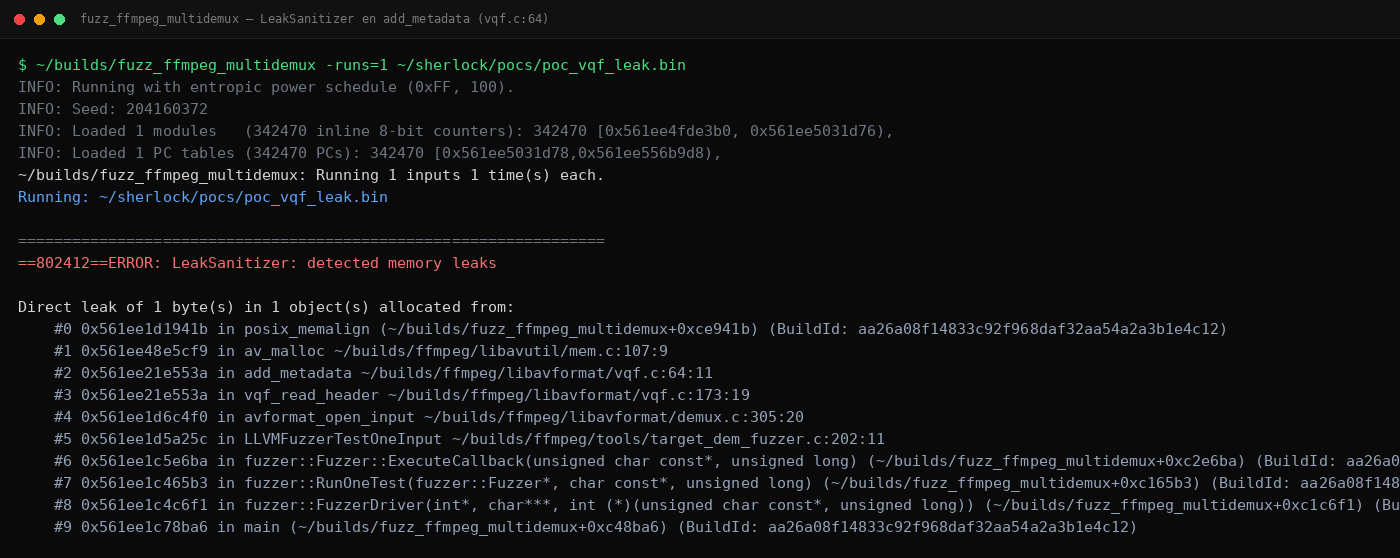 Terminal mostrando el reporte de LeakSanitizer: bloque asignado en av_malloc dentro de add_metadata vqf.c:64 sin liberar, con caller vqf_read_header vqf.c:173