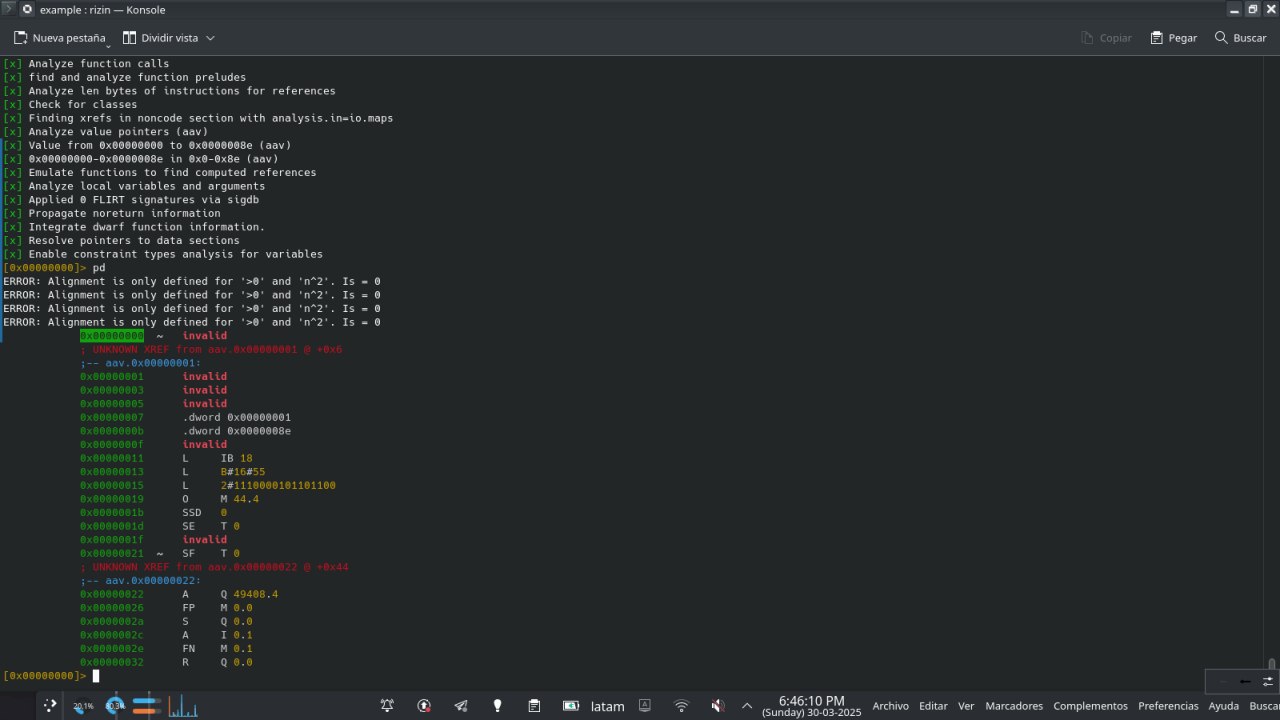 Rizin desensamblando un binario MC7 con el plugin rz-libmc7