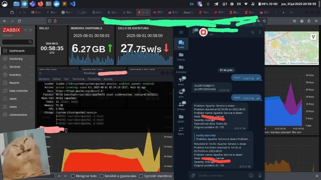 Validación en vivo del monitoreo: alerta de Zabbix por Apache caído, terminal con systemctl y resolución recibida en Telegram