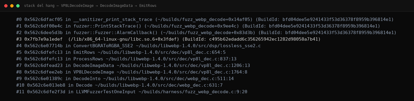 Stack de gdb detenido en la cadena DecodeImageData, ProcessRows y EmitRows del decoder VP8L durante el hang