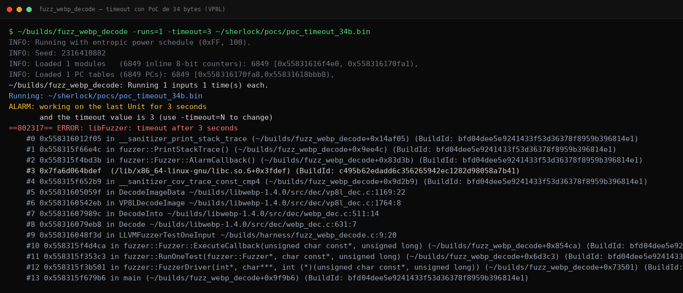 Terminal mostrando libFuzzer reportando timeout tras 3 segundos al decodificar el WebP lossless de 34 bytes