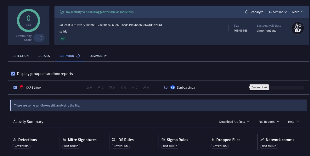VirusTotal mostrando 0/65 detecciones para el binario de Mirai modificado