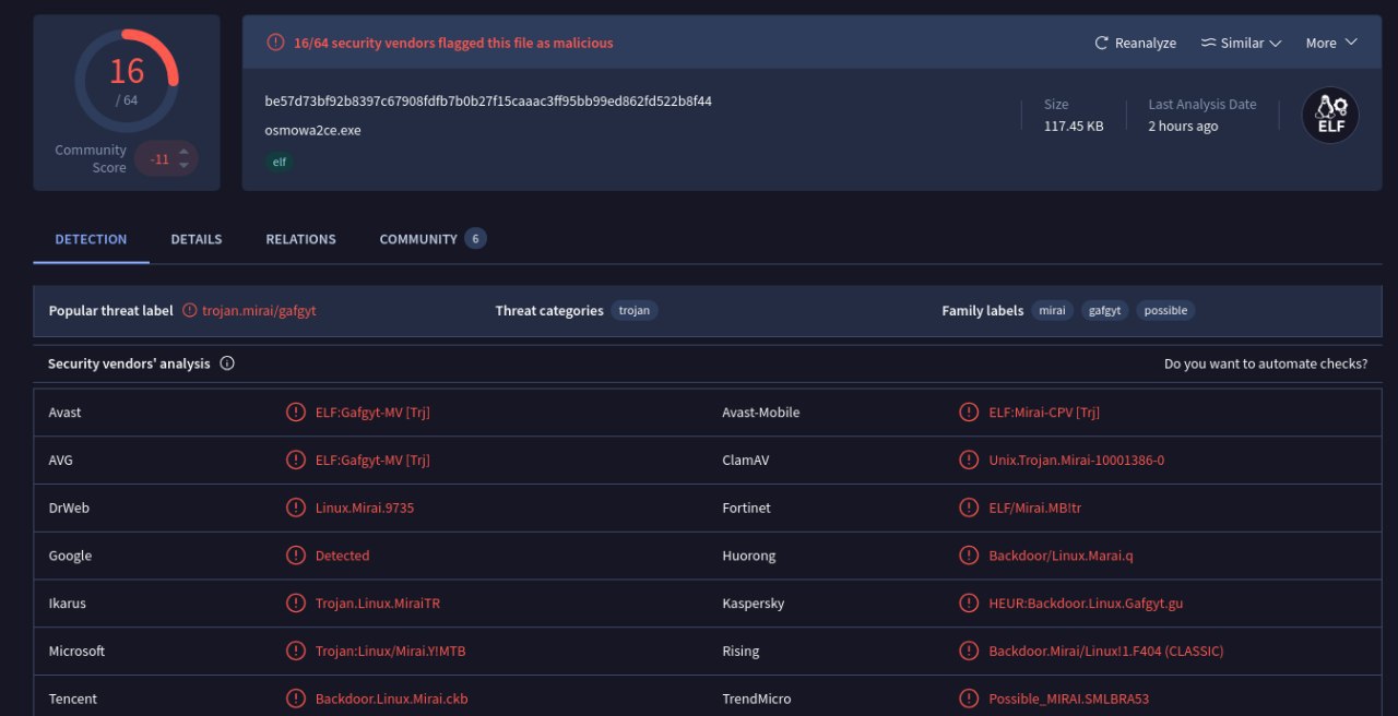 VirusTotal reportando 16/64 detecciones para la muestra original de Mirai