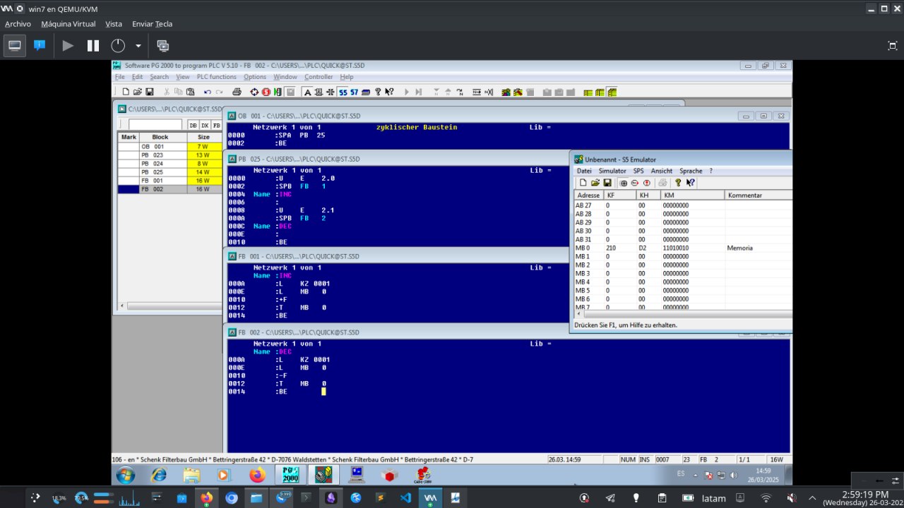 Software PG 2000 conectado a un emulador de PLC S5 mostrando el editor de AWL