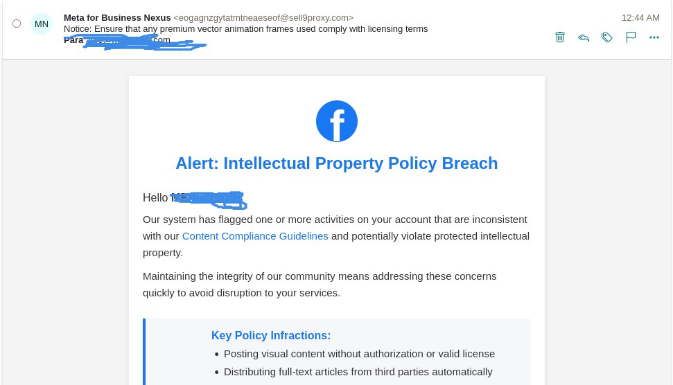 Correo de phishing suplantando a Meta for Business