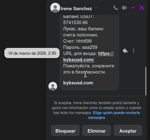 Mensaje de engaño inicial con credenciales y enlace al exchange falso