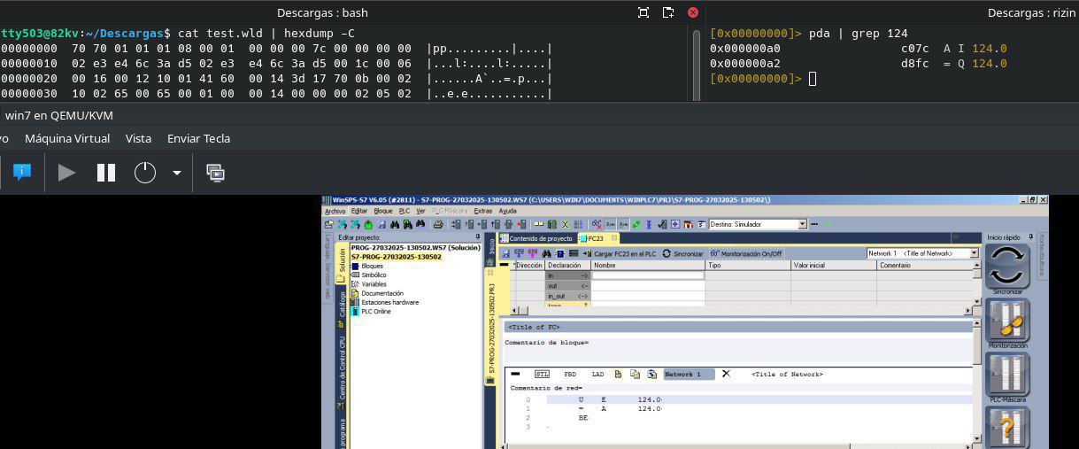 Entorno de ingeniería inversa con hexdump, rizin y WinSPS-S7 mostrando código AWL