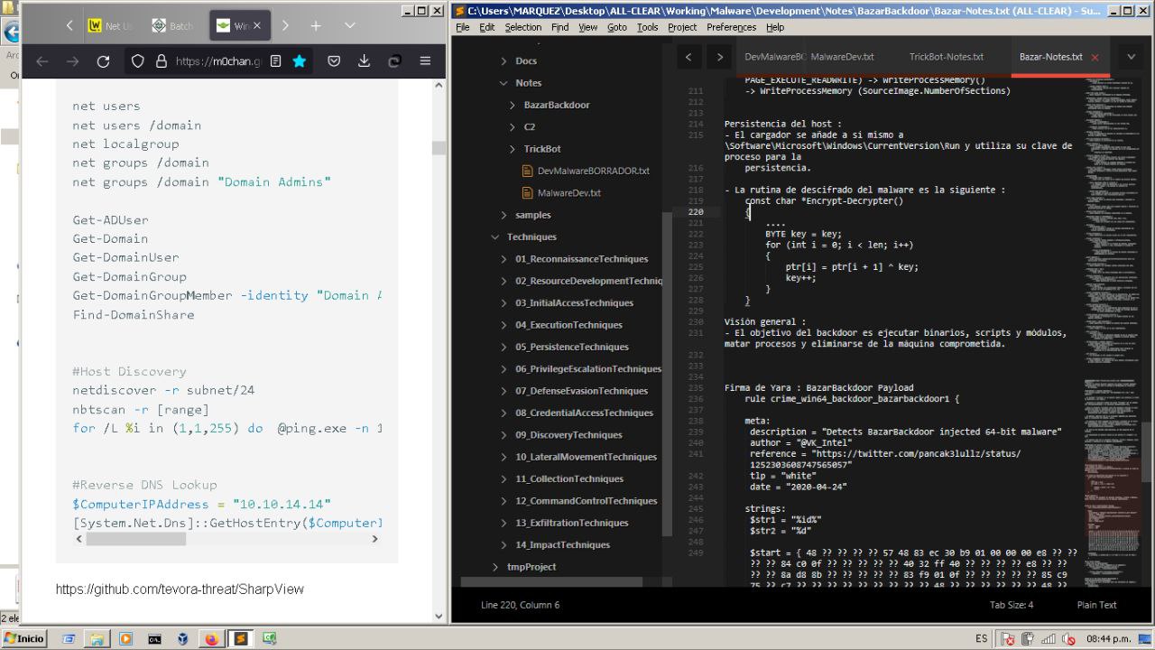 Correlación de código de BazarBackdoor con comandos de enumeración de AD