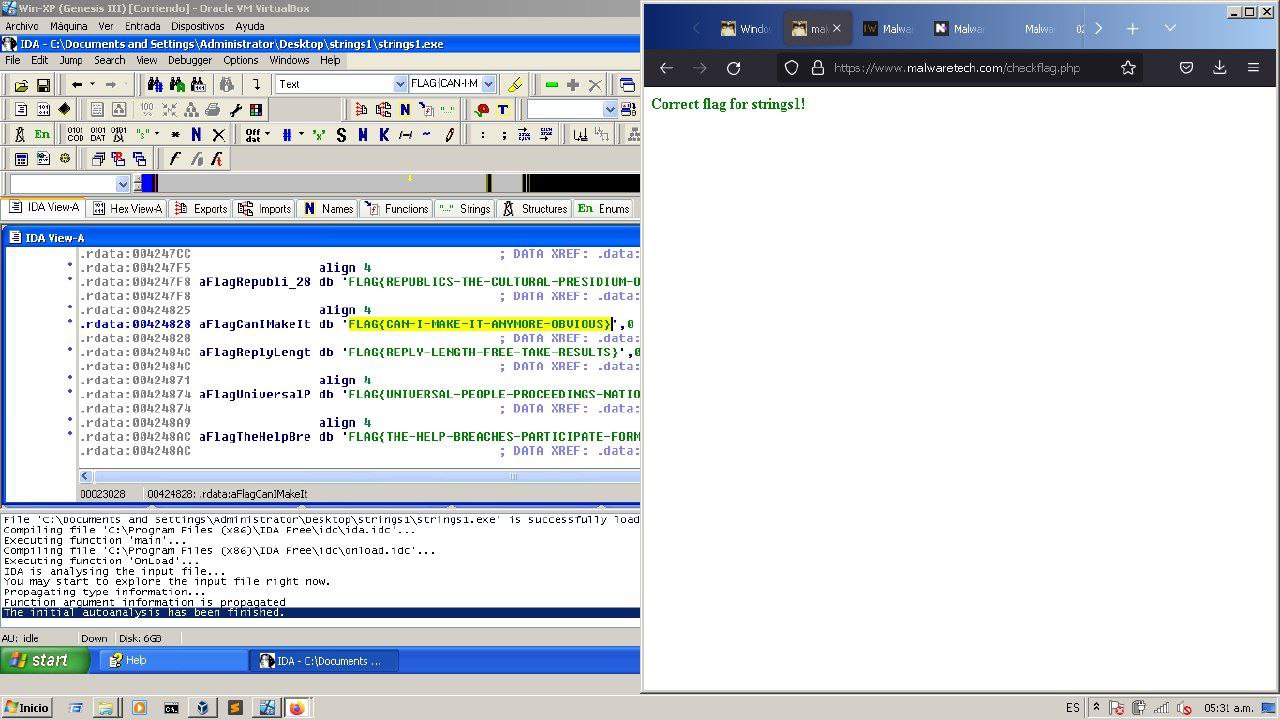 Análisis estático inicial en IDA Pro mostrando strings referenciadas