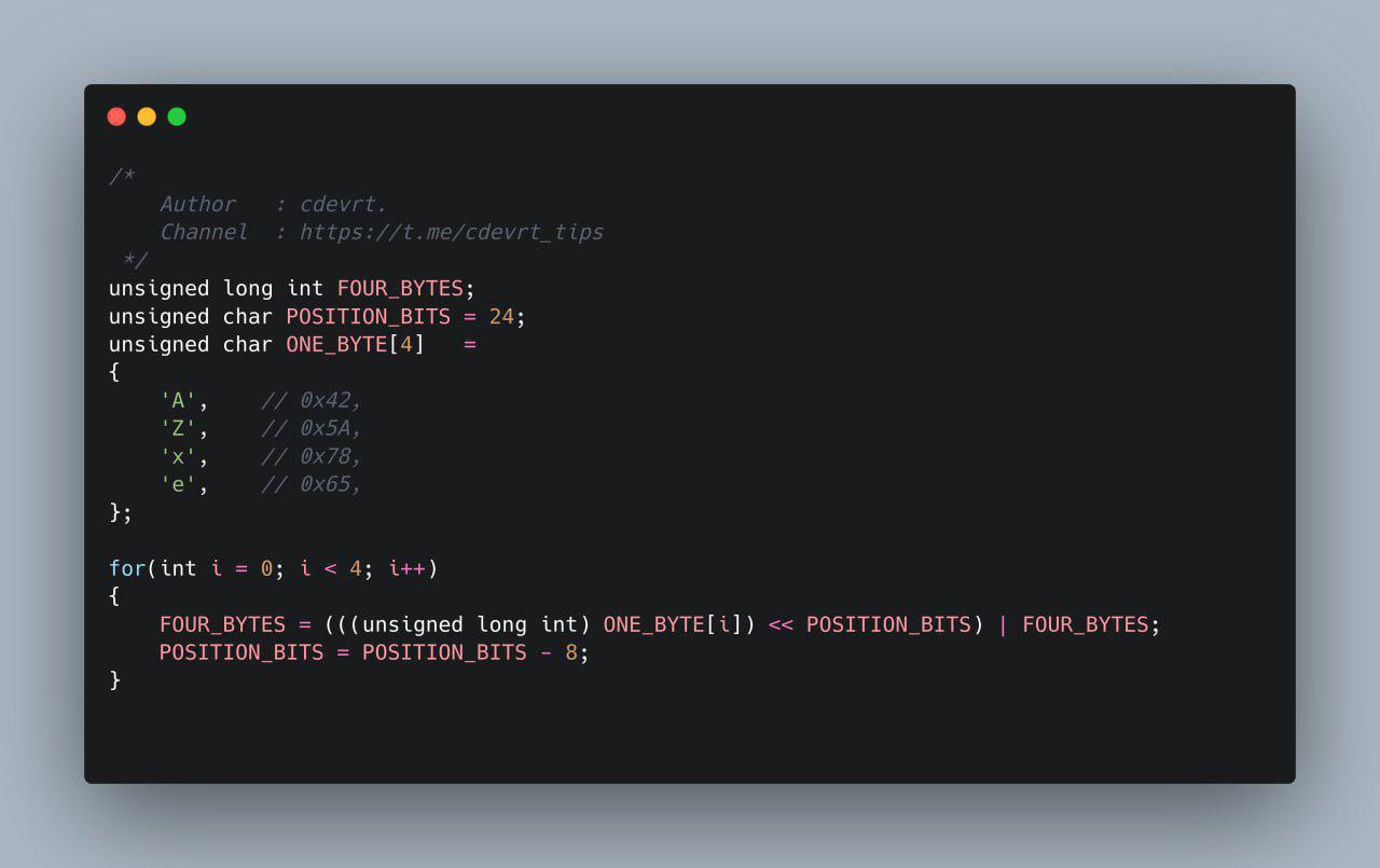 Snippet de C mostrando lógica de manipulación de bytes