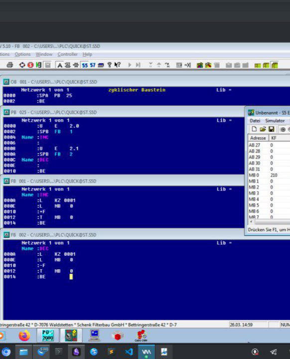 Software de programación STEP5 para PLC Siemens S5 mostrando bloques OB1, PB25, FB1, FB2 en AWL
