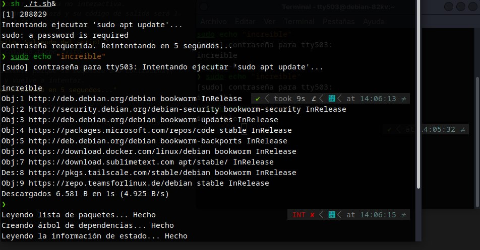 Terminal de Debian mostrando la ejecución del script en segundo plano y la captura exitosa del caché de sudo