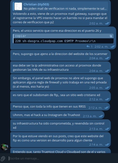 Banner ESMTP de Proxmox Mail Gateway revelando la infraestructura de correo de los atacantes