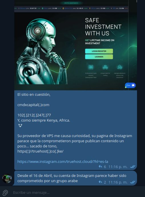 Sitio fraudulento cmdxcapital.com junto a su IP geolocalizada en Kenia