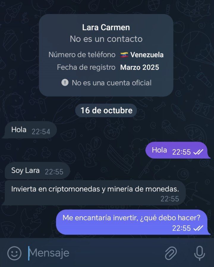 Cuenta de Telegram con número venezolano ofreciendo inversión fraudulenta