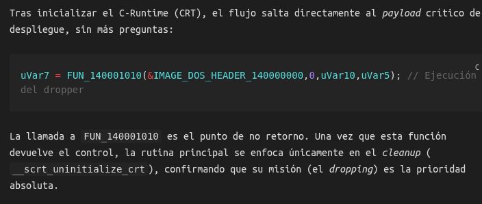 Flujo de ejecución del dropper en Ghidra mostrando FUN_140001010 como punto de no retorno
