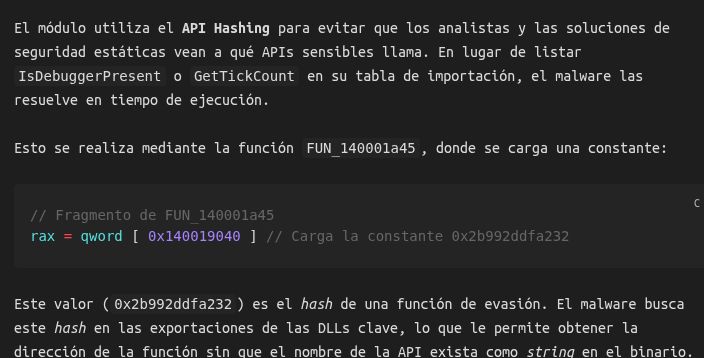 API Hashing: hash 0x2b992ddfa232 resuelto dinámicamente contra exportaciones de DLLs