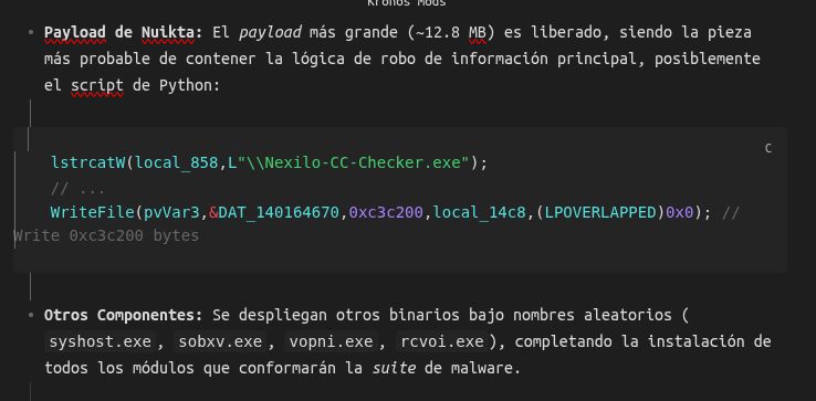 Payloads desplegados incluyendo binario Nuitka de aproximadamente 12.8 MB