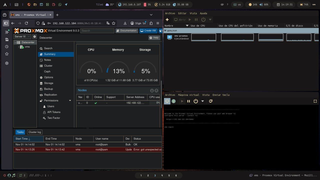 Panel de Proxmox VE 9.0.3, nodo vms en 192.168.122.104