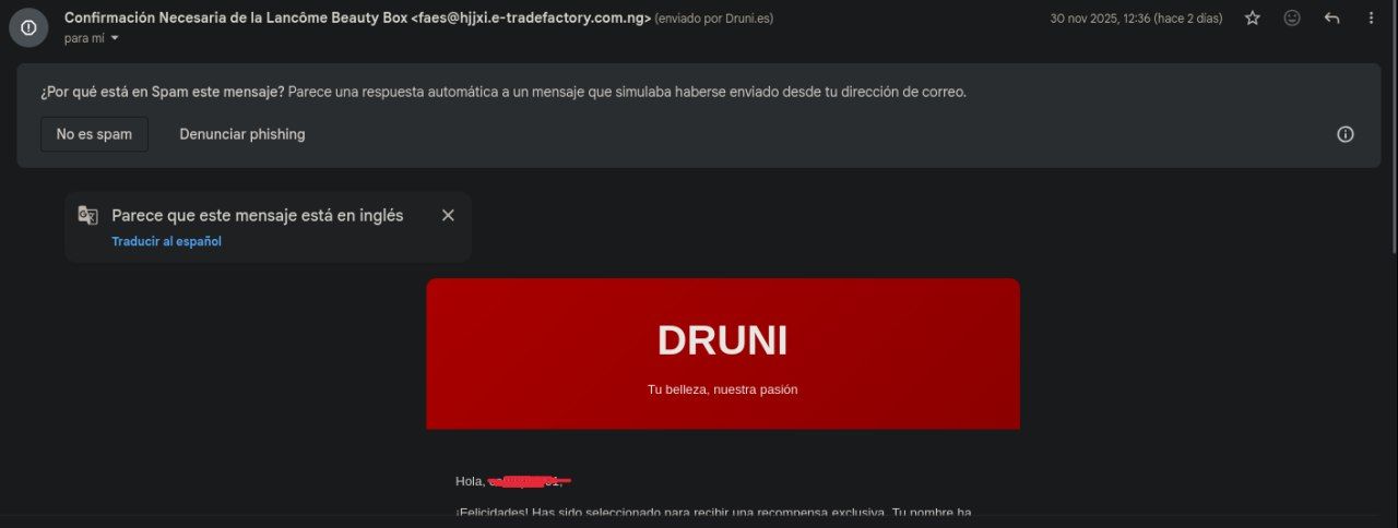 Correo de phishing suplantando a Druni detectado en Spam de Gmail