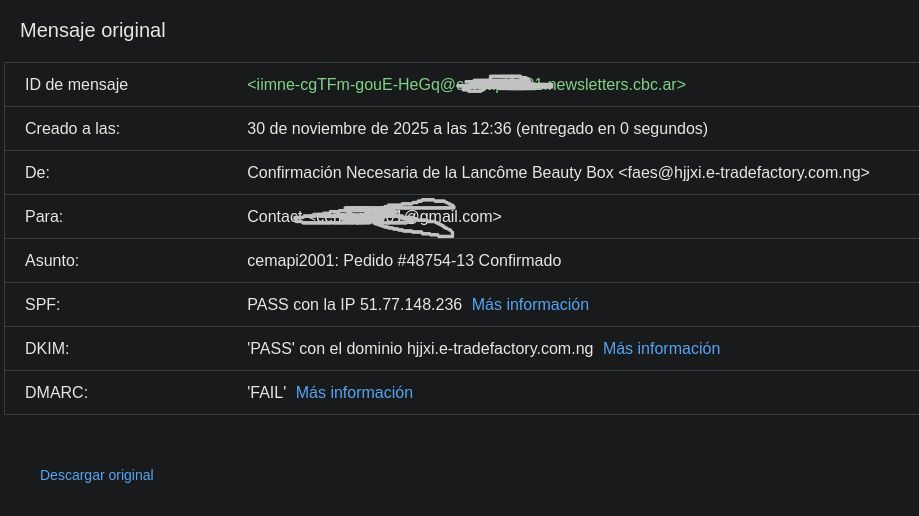 Cabeceras de autenticación: SPF PASS, DKIM PASS, DMARC FAIL
