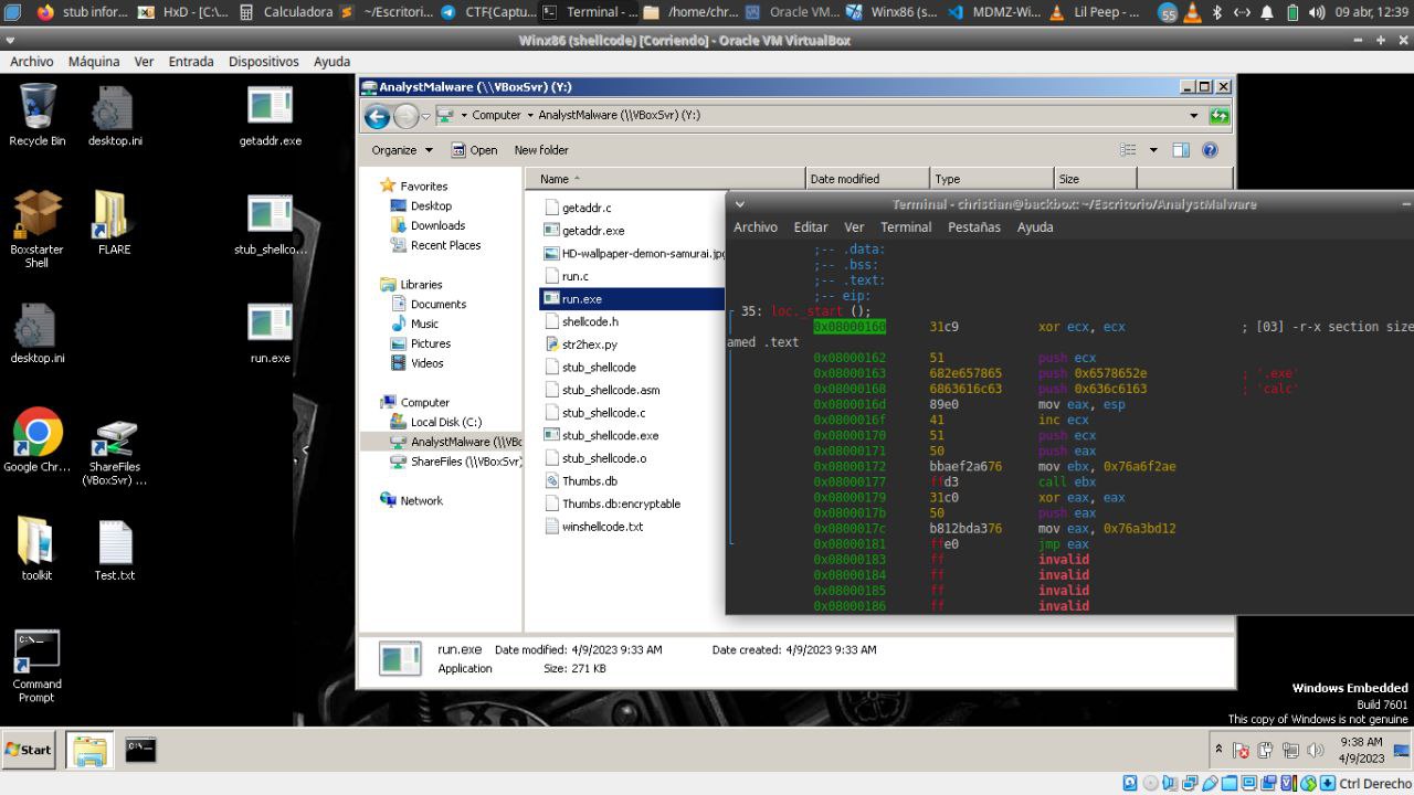Laboratorio forense con Windows Embedded 7, depurador y shellcode x86